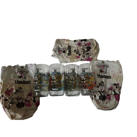 VTG 1991 The Flintstones Hardees Glasses + 3 Original Bags 30 Years Complete Set - Picture 3 of 5